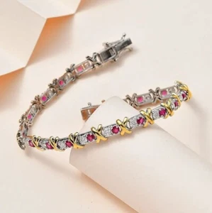 Platinum & 18K Vermeil Plated (Size 8) Silver Moissanite & Ruby Bracelet ~5.5 ct - Picture 1 of 7