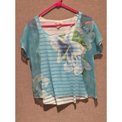 Dressbarn Womens Twofer Top Blue Floral Short Sleeve Scoop Neck Sheer Petites S - Image 1 of 4