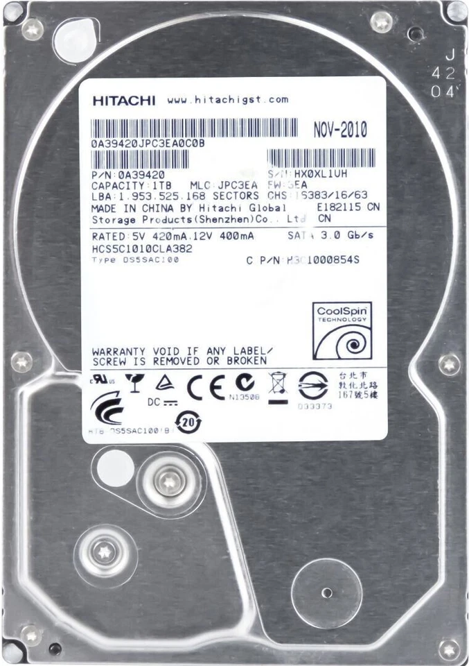Hard Drive Coolspin Hitachi HCS5C1010CLA382 1TB 5700RPM 8MB SATA II 3.5" Inch - Image 1 of 3