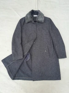 Burberry Wool Coat Womens 12 Grey LAWTONY Unlined Vegan Fur Collar Spain EU 44 - Picture 1 of 17