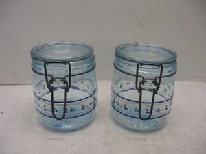 Blue Glass Kitchen Canisters Red & Yellow Flowers Balewire Closure Set of 2 - Picture 1 of 10