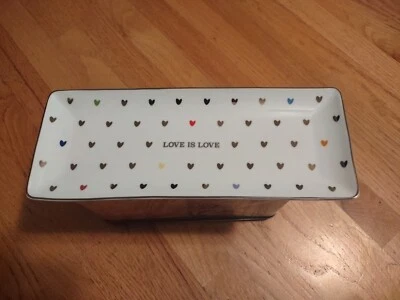 Pottery Barn Love is Love Rectangular Tray - Multicolored Hearts & Gold Trim  - Image 1 of 4