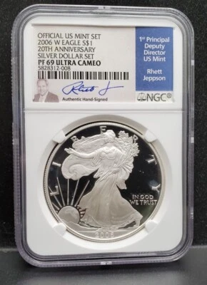 Silver Eagle 2006-W S$1 NGC PF 69 Ultra camafeo-Juego como nuevo en Estados Unidos-Etiqueta firmada por Jeppson  Foto 1 de 4