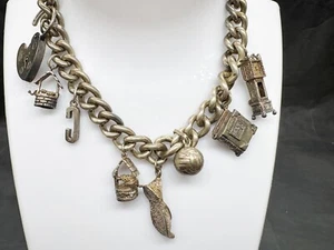 VINTAGE MASSIV SILBER GELADEN BETTELARMBAND MIT CHARMS UHR BIBELKUGEL 58G - Bild 1 von 11