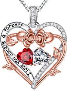 Rose Heart Double Birthstone Necklace Gifts for Wife Girlfriend Her Women - Picture 1 of 12