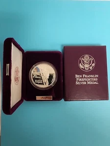 1992 Ben Franklin Firefighters 1 oz Silver Proof Medal with Box  - Picture 1 of 5