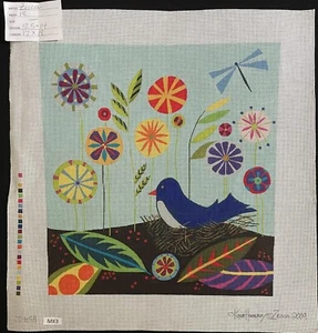 HP Needlepoint 18ct ZECCA DESIGNS Blue Bird on nest with Fanciful Flowers-MK3 - Picture 1 of 1