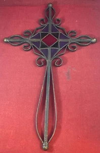 Appendiabiti da parete grande croce metallo e vetro colorato 20” x 12” design brutalismo - Foto 1 di 5