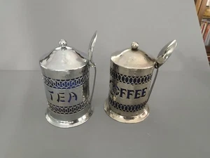Bote de café y té vintage martillado plato de plata cuchara azul cobalto - Imagen 1 de 8