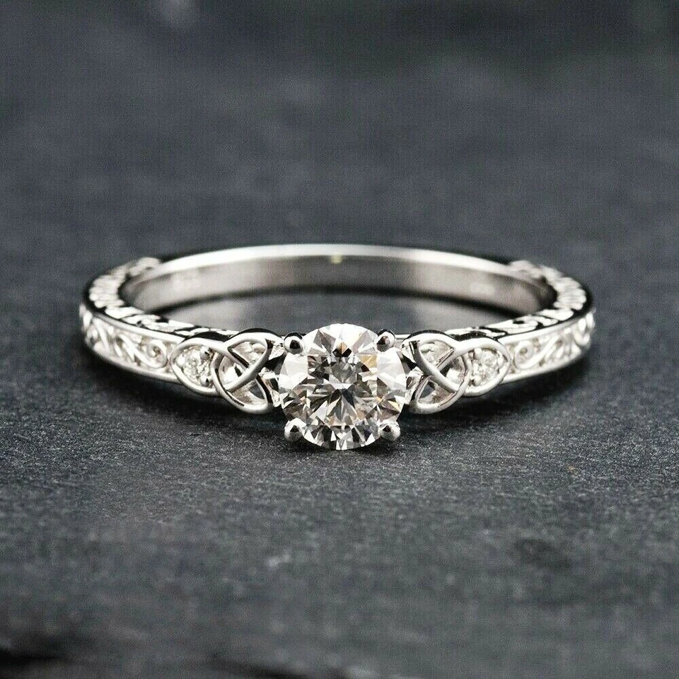 14k White Gold Over 1 Ct Round Solitaire Diamond Celtic Knot Wedding Ring Size 7 - Image 1 of 4