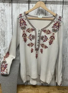 Sundance bestickt Waffel Strick Langarm taupe Henley Top Gr. L (Brustumfang 42") - Bild 1 von 16