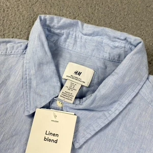 Camisa H&M Abotonada Para Hombre Azul Mediana Calce Relajado Mezcla Algodón Lino Nueva - Imagen 1 de 10