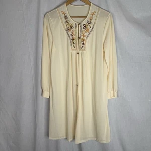 70s 80s JCPenney cream hippy boho floral embroidered nightgown robe size Large - Picture 1 of 9