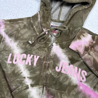 Chaqueta con Capucha Recortada Y2K Lucky Brand Verde Rosa Tie Dye 3D Spellout XL (AJUSTE M) Foto 1 de 4