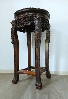 Antigua mesa china tallada a mano con pedestal superior de mármol Foto 1 de 4