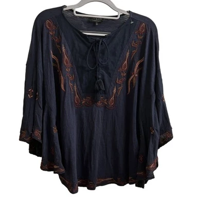Lucky Brand Women’s Boho Embroidered Blouse Navy Blue Flare Sleeve Size L - Image 1 of 4