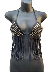 CLUB EXX Women’s XS Fring Black Denim/Leather Halter Metallic Beaded Bikini Top - Picture 1 of 9