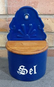 Vintage Blue Enamel French Lidded Sel / Salt Holder Box Wall Mounted - Picture 1 of 6