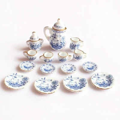 Juego de té de porcelana azul y blanco miniatura para casa de muñecas 1/12 cerámica con estampado floral1 Foto 1 de 4