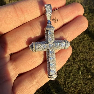 Colgante Cruz Moissanita Probadores de Paso Helado Plata 925 Sólida Bling + Cadena Cuerda Foto 1 de 4