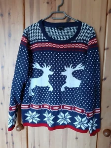 blauer Weihnachtspullover m. Rentiermotiv Gr. M(40/42)blau-rot-weiss - Bild 1 von 3