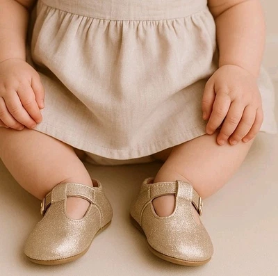 NEW A Bear Co Toddler Size 3 Color Change Gold Smooth Glitter T-Straps Girls - Image 1 of 4