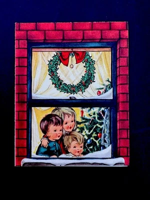 1 VTG Crestwick Xmas Greeting Card Children Gathered By Tree Inside Brick House - Image 1 of 3