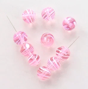 10 Pink White Glass Beads Vintage Stripe Swirl Jewelry Making Craft Pastel Loose - Picture 1 of 2