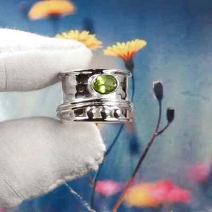 Peridot Gemstone Ring, Silver Band Ring, 925-Sterling Silver Ring, Spinner Ring - Picture 1 of 8