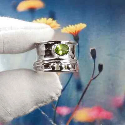 Peridot Gemstone Ring, Silver Band Ring, 925-Sterling Silver Ring, Spinner Ring - Image 1 of 4