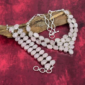 Rose Quartz Gemstone 925 Sterling Silver Necklace & Bracelet Jewelry Set - Picture 1 of 7