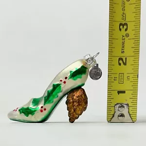 Dept. 56 High Heel Silver Holly Leaves & Pinecone Blown Glass Christmas Ornament - Picture 1 of 5