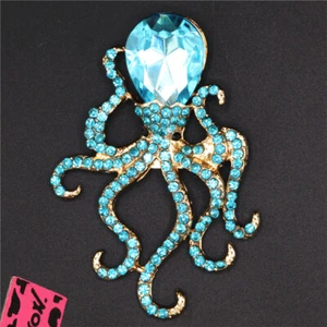 Hot Fashion Women Man Blue Crystal Octopus Marine Animal Charm Lady Brooch Pin - Picture 1 of 4