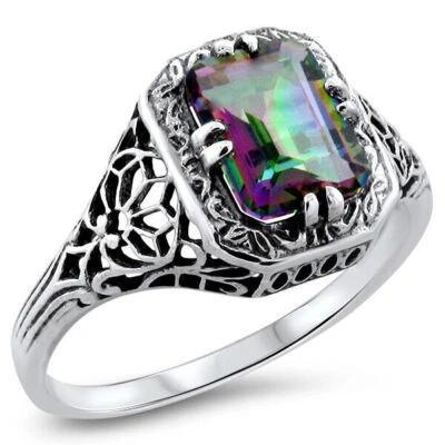 DECO ANTIQUE STYLE RAINBOW MYSTIC QUARTZ 925 STERLING SILVER FILIGREE RING  810Z - Image 1 of 3