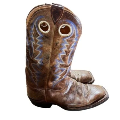 Botas de Vaquero Justin Para Hombre Riel Doblado Marrón/Azul Costura Talla 10.5 EE Puntera Cuadrada Foto 1 de 4