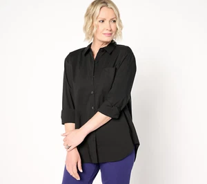 Susan Graver Regular gewebte Popeline Knopfleiste High-Low Saum Hemd schwarz XL - Bild 1 von 2