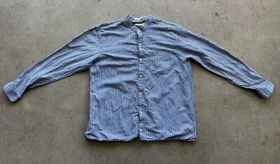 Camisa vintage década de 1990 Orvis listrada azul mistura de linho manga longa botão tamanho G - Imagem 1 de 4