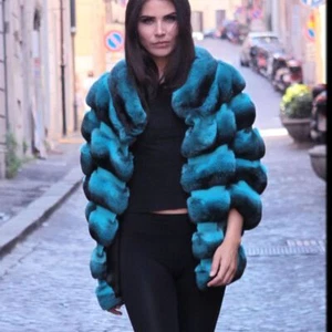 Abrigo de piel de conejo Rex real de lujo para mujer con soporte de chinchilla solapa manga 3/4 ropa exterior - Imagen 1 de 4