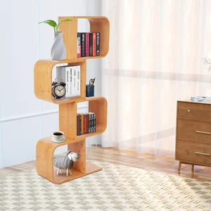 4-Tier S-shaped Bookcase Floor Standing Bookcase Bamboo Bookcase Wood Color Room - Picture 1 of 12