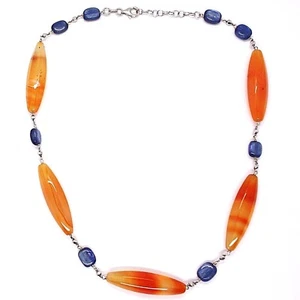 COLLANA ARGENTO 925, AGATA ARANCIO, CIANITE BLU, GIROCOLLO 44 CM, CATENA ROLO - Foto 1 di 11