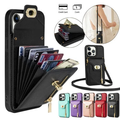 Leather Crossbody Card Wallet Phone Case For iPhone 11 12 13 14 Pro Max XR X 7 8 - Image 1 of 4