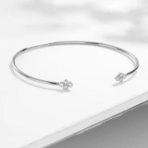 0.16 Ct Natural Diamond Open Cuff Bangle Bracelet 7.5" White Gold Plated Silver - Picture 1 of 11