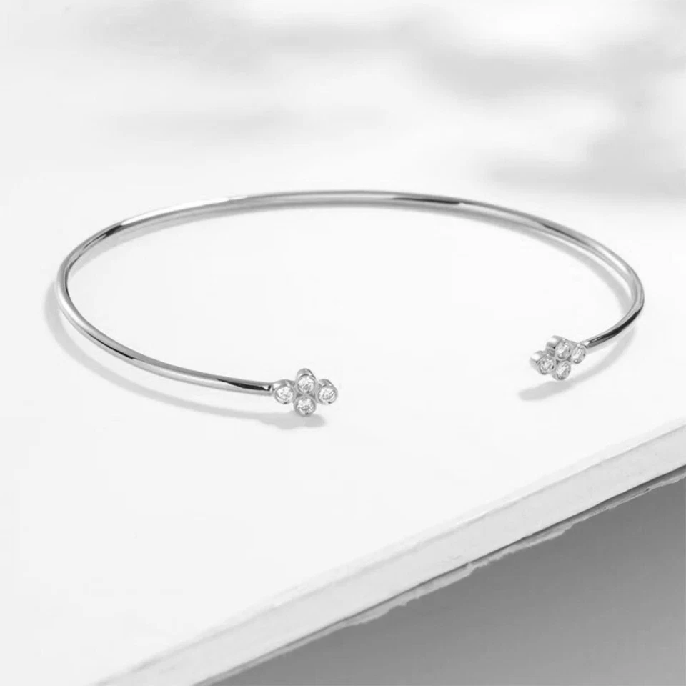 0.16 Ct Natural Diamond Open Cuff Bangle Bracelet 7.5" White Gold Plated Silver - Image 1 of 4