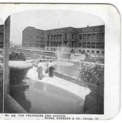 Fuentes y jardines, Sears, Roebuck & Co., Chicago. Tarjeta de Illinois, Stereoview Foto 1 de 3
