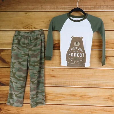 Carter's Pajama Outfit Set Pants Shirt Boys 6 Green Camouflage Bear Fleece Soft - Image 1 of 4