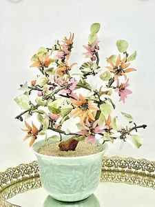Árbol Bonsai Vintage 11" Vidrio Jade Japonés Oriental Multicolor Flores en Maceta - Imagen 1 de 12