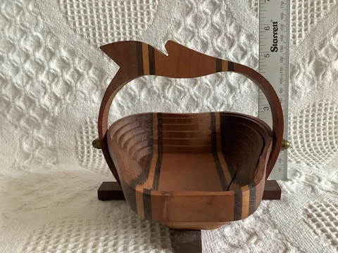 Deep Spring Studio Signed Hand Crafted Collapsible Apple Shaped Wooden Basket Cover