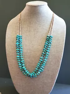 Vtg  Hopi Ceremonial Double Strand Turquoise Heishi Necklace on knotted cord 30" - Picture 1 of 8