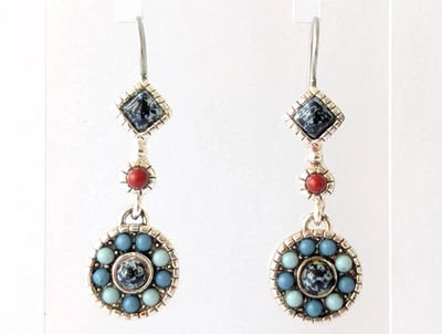 Pendientes colgantes de gancho de alambre francés de plata coral lapislázuli turquesa imitación suroeste Foto 1 de 4