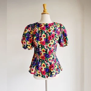 VINTAGE 1980s ALBERT NIPON Silk Peplum Top Bold Floral Print Size 8 - Picture 1 of 6